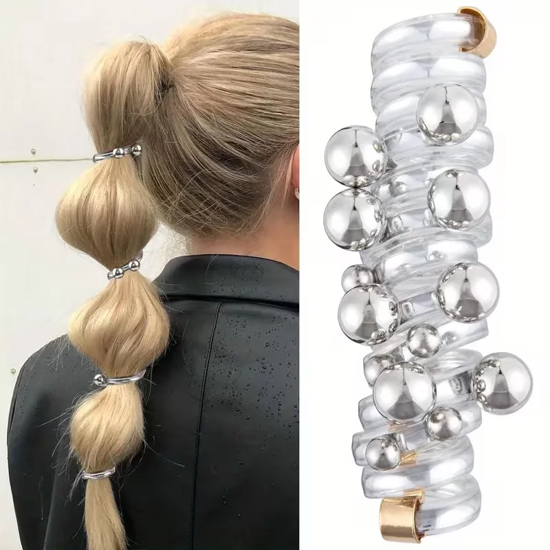 Fascia per capelli a spirale con perline, fascia per capelli a forma di perla, elastico per capelli a coda di cavallo, adatto per capelli lunghi e ricci - immagine 5
