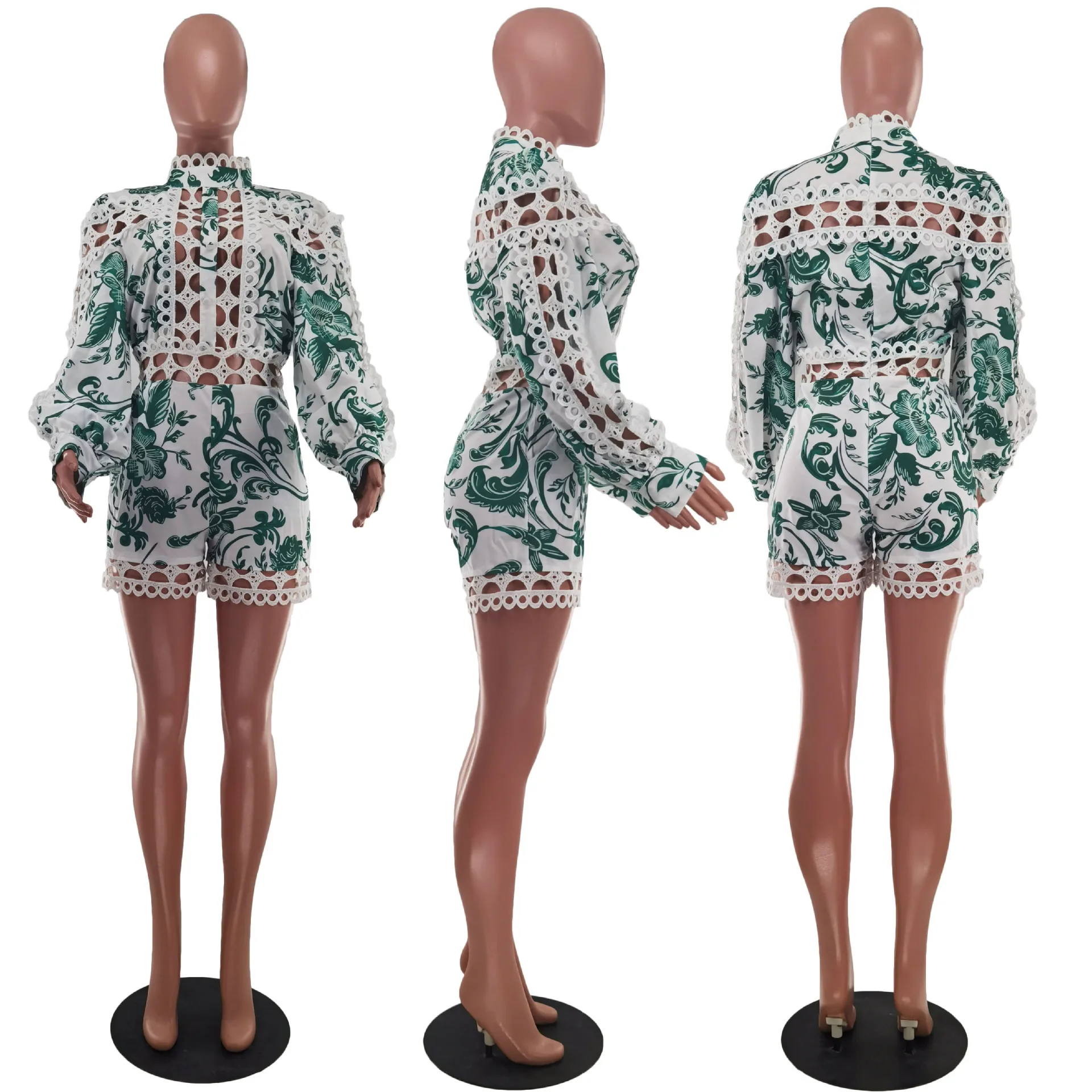 Women's 2023 New Print Sexy Lace Stitching Stitching Empty One-piece Shorts Summer Fashion Casual High Street Jumpsuits & Romper