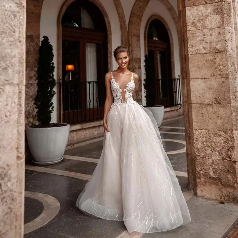 

Женское ТРАПЕЦИЕВИДНОЕ свадебное платье It's yiiya, белое длинное фатиновое платье на бретельках с V-образным вырезом и аппликацией на лето 2019