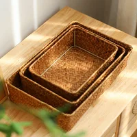Rectangular Straw Rattan Storage Baskets Woven Seagrass Storage Basket Handmade Desktop Storage Box Sundries Snack Organizer 1