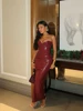 Elegant Backless Burgundy Leather Zipper Sleeveless Tight Long Dress Woman High Waist Wrinkles Dresses New Lady Party Club Gown 2