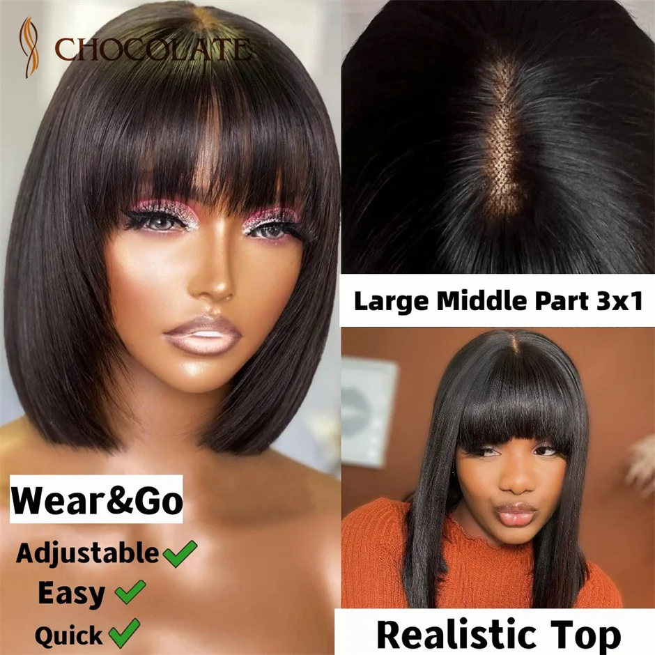 Short Bob Wigs With Bangs 3X1 Lace Human Hair Wigs Realistic Scalp Glueless Straight Bob Wig With Bangs 180% Density