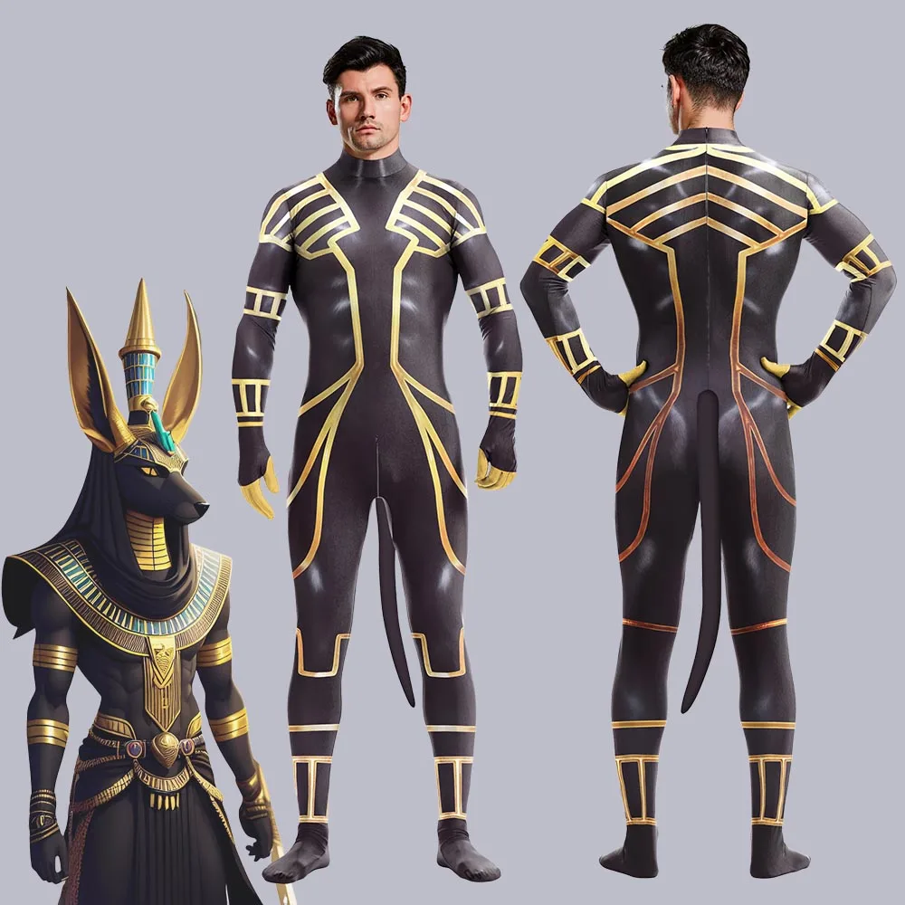 Anubis Cosplay Jumpsuit Egypt Petsuit Men Men's Costume Carnival Print Party Suit Crotch Zip Jumpsuit Halloween Party Clothes