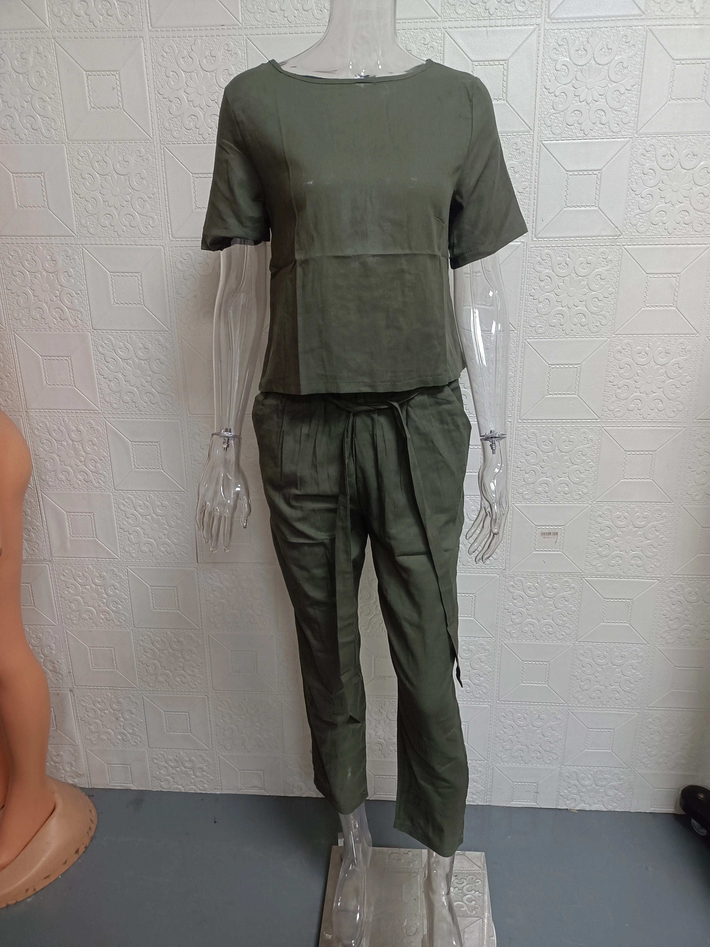 Cross border women's cotton and linen summer matching set half sleeved O-neck oversized cover shirt wide leg pantsretro two-piec 5