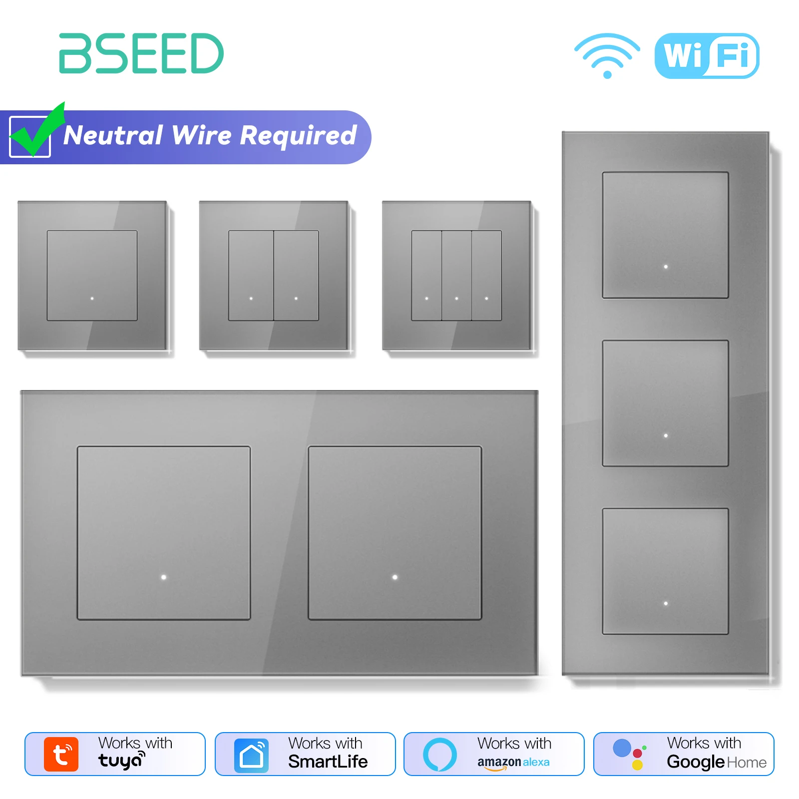 BSEED WIFI คลิก Switches Series 1/2/3/4Gang ผนังสมาร์ทสวิทช์ไฟสีเหลือง Backlight กรอบกระจก Tuya APP สวิทช์ EU มาตรฐาน 1