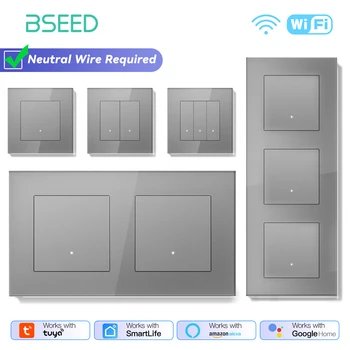 BSEED WIFI คลิก Switches Series 1/2/3/4Gang ผนังสมาร์ทสวิทช์ไฟสีเหลือง Backlight กรอบกระจก Tuya APP สวิทช์ EU มาตรฐาน 1