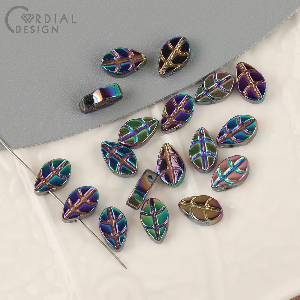 Cordial Design 7*11MM 500pcs DIY Glass Bead/Carving Effect/Leaf Shape/Aurora Effect/Jewelry Findings & Components/Hand Made - cordial