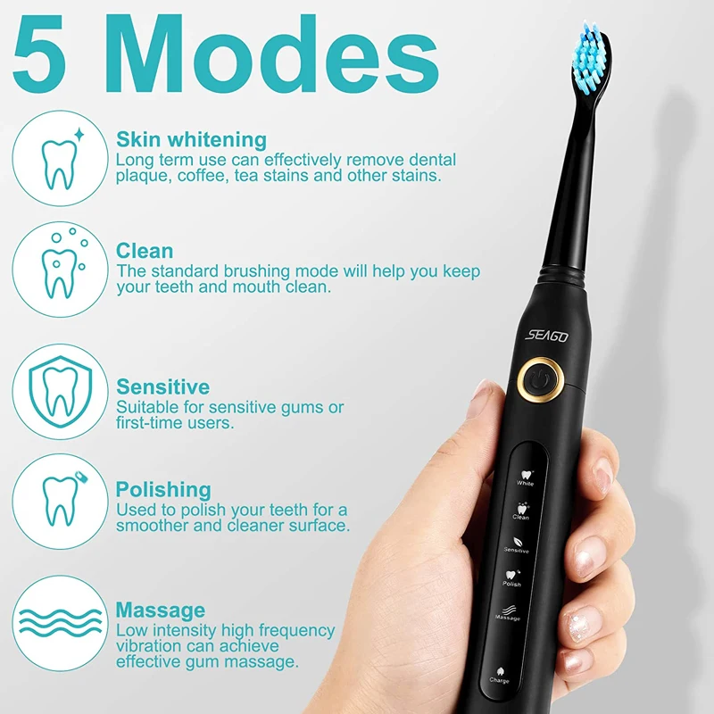 Seago Rechargeable Sonic Electric Toothbrush Micro Usb Adult Timer Electronic Tooth Brush With Gift Replacement Heads Refills