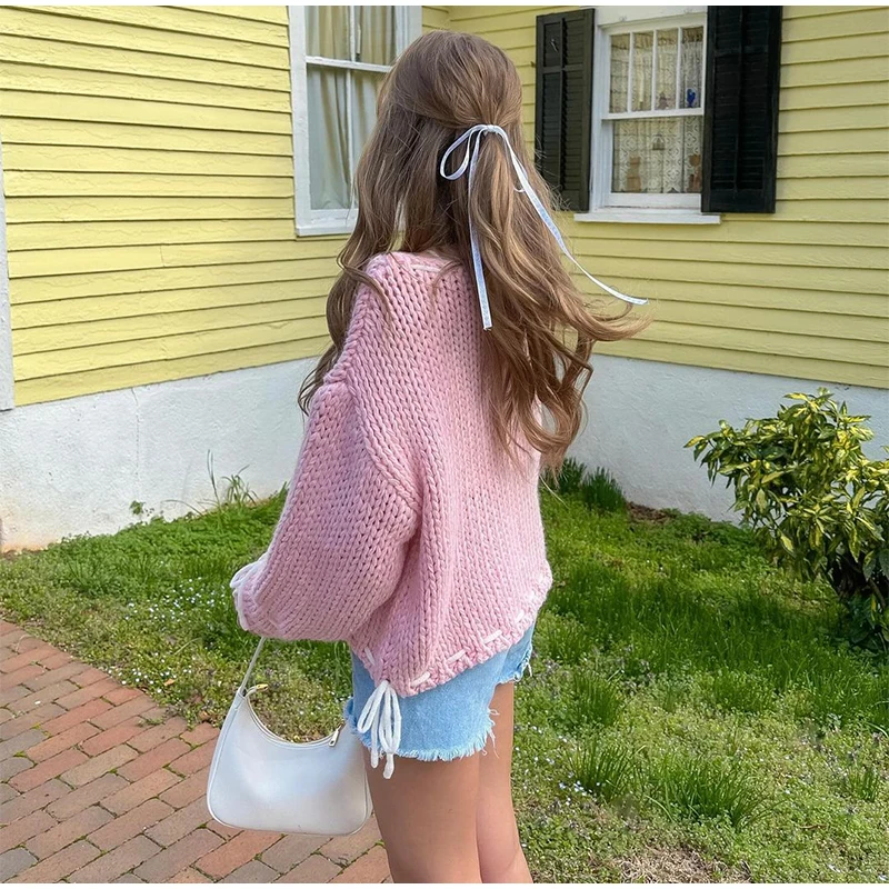 Chic Loose Lace Up Women's Sweater Elegant Round Neck Long Sleeves Pullover Top Lady Autumn Fashion Streetwear