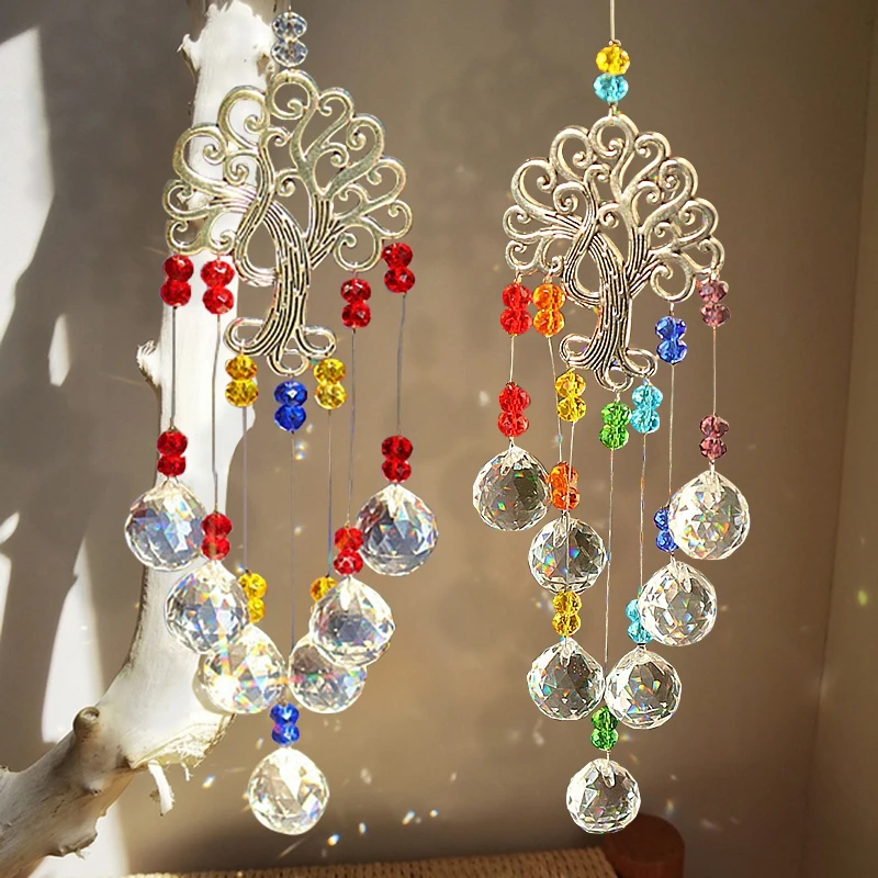 Sun Catchers Window Ornament Crystal Pendant Crystal Sun Catchers Prisms Window Wind Chime Hanging Pendant Decoration Tree of Life Shape Home Garden Decor