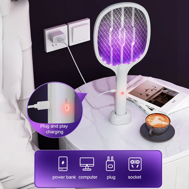 2 in 1 Bug Zapper Racket Handheld Electric Fly Swatter Safe Mosquito Swatter Rechargeable for Home Bedroom Office Indoor Outdoor 2