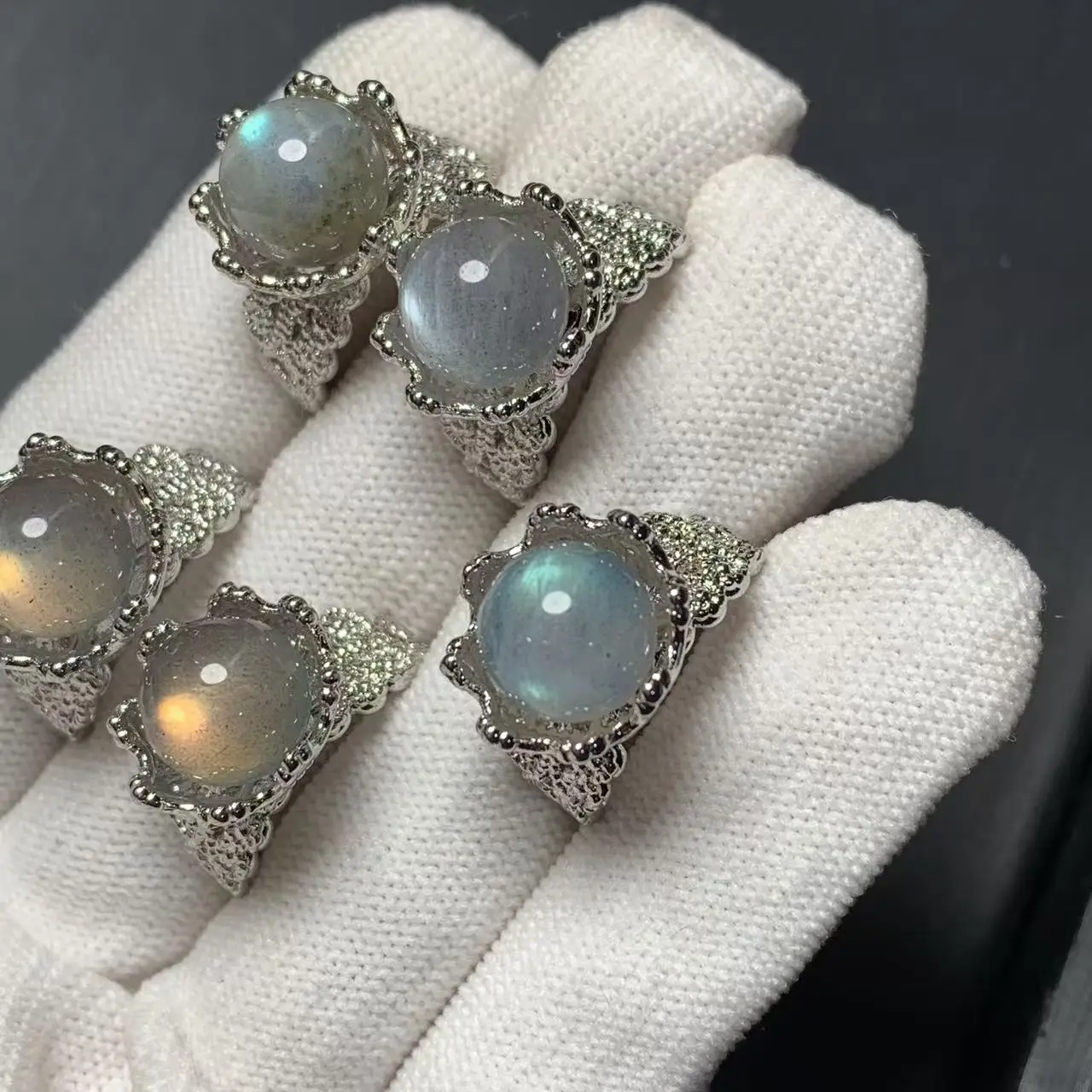 10MM Natural Moonstone Ring Adjustable Female  Ring Jewelry for Women Gift Wholesale High Quality Vintage Fine