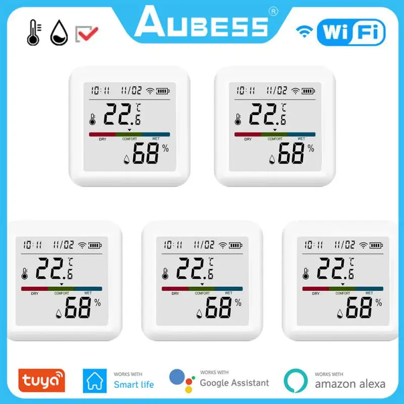 

AUBESS Tuy Wifi Smart Home Temperature And Humidity Sensor With LED Screen Thermometer Works With Google Assistant
