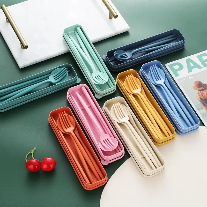 Cutlery Set 4-piece Wheat Straw Tableware Knives Forks Spoons Chopsticks New Portuguese Plastic Portable Tableware Set Dinnerware Set