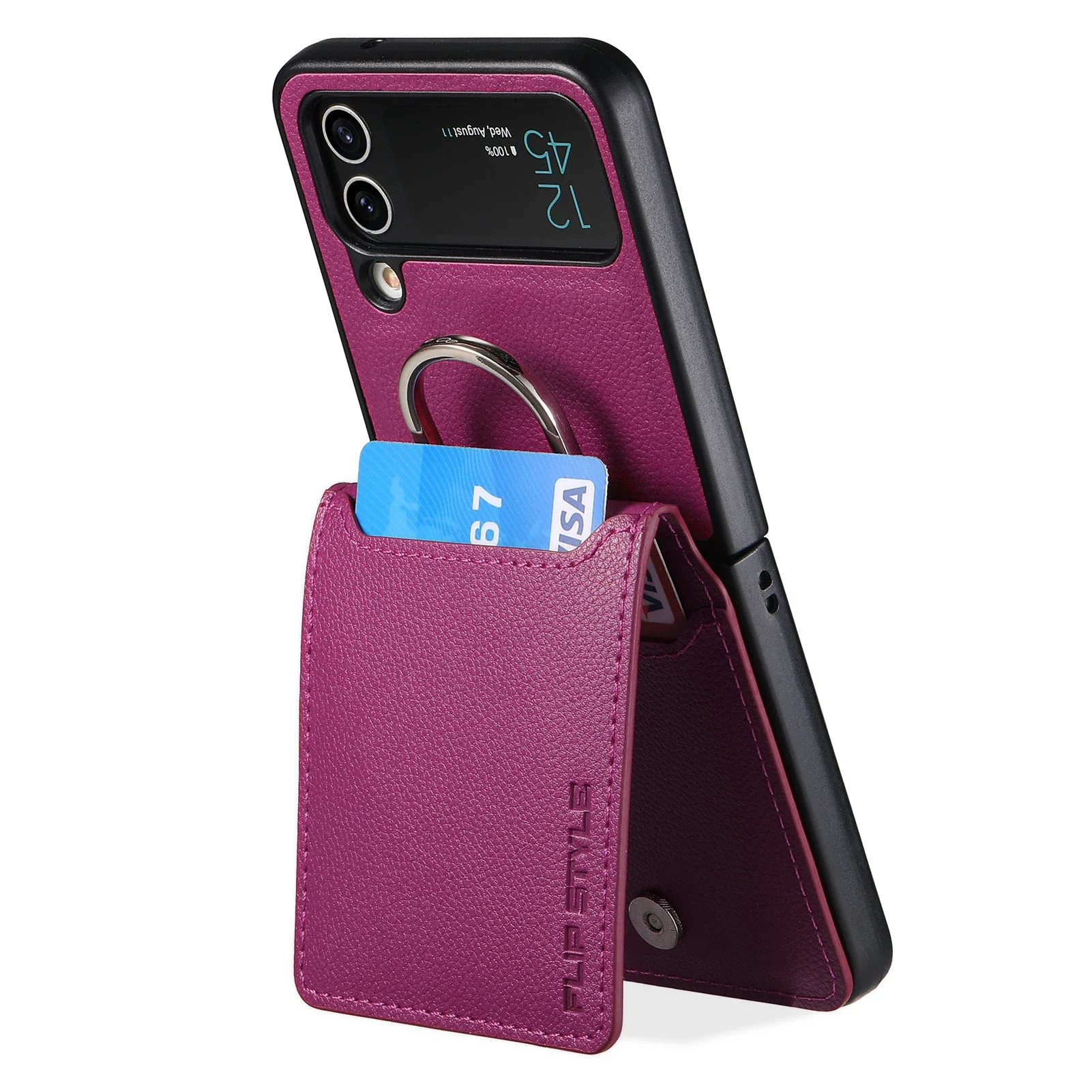 Magnetic Leather Wallet Case with Ring Holder and Kickstand