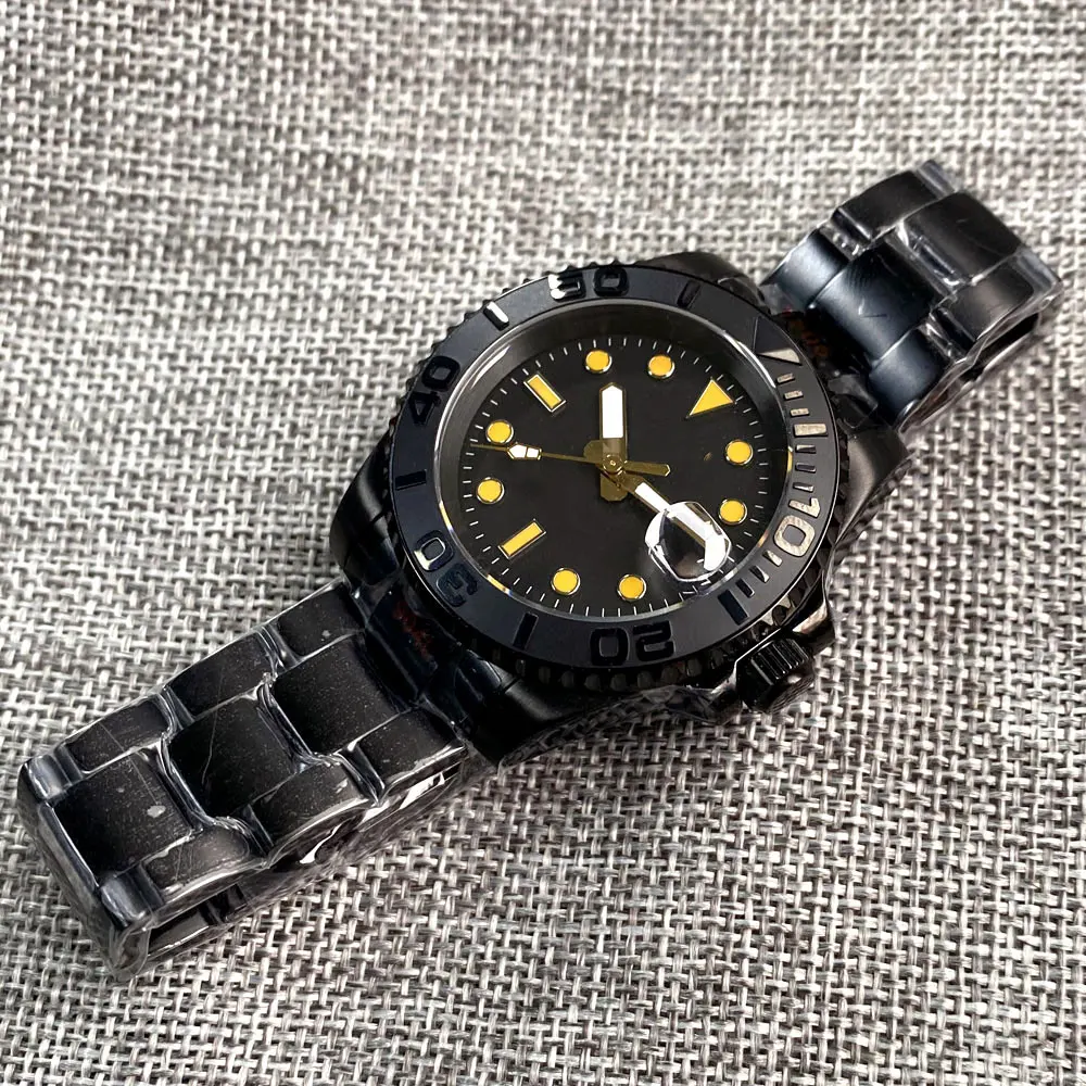 BLIGER 40mm Japan NH35A Black PVD Automatic Men Luxury Diving Watch Date Luminous Black Ceramic Bezel Date Glass Back Screw Down