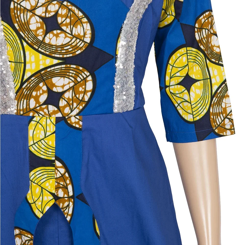 BintaRealWax African Dresses Women Dashiki O-neck 2 Layers Long Skirt Clothing Pachwork Short Sleeve Party Dress WY7961