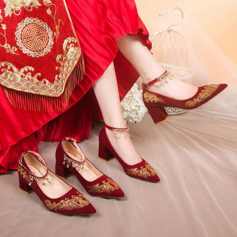 FHC Embroidery Flower Bride Wedding Shoes,Fashion Women Pumps,Rhinestone Ankle Strape High Heels,Pointed Toe,Wine-red,Dropship