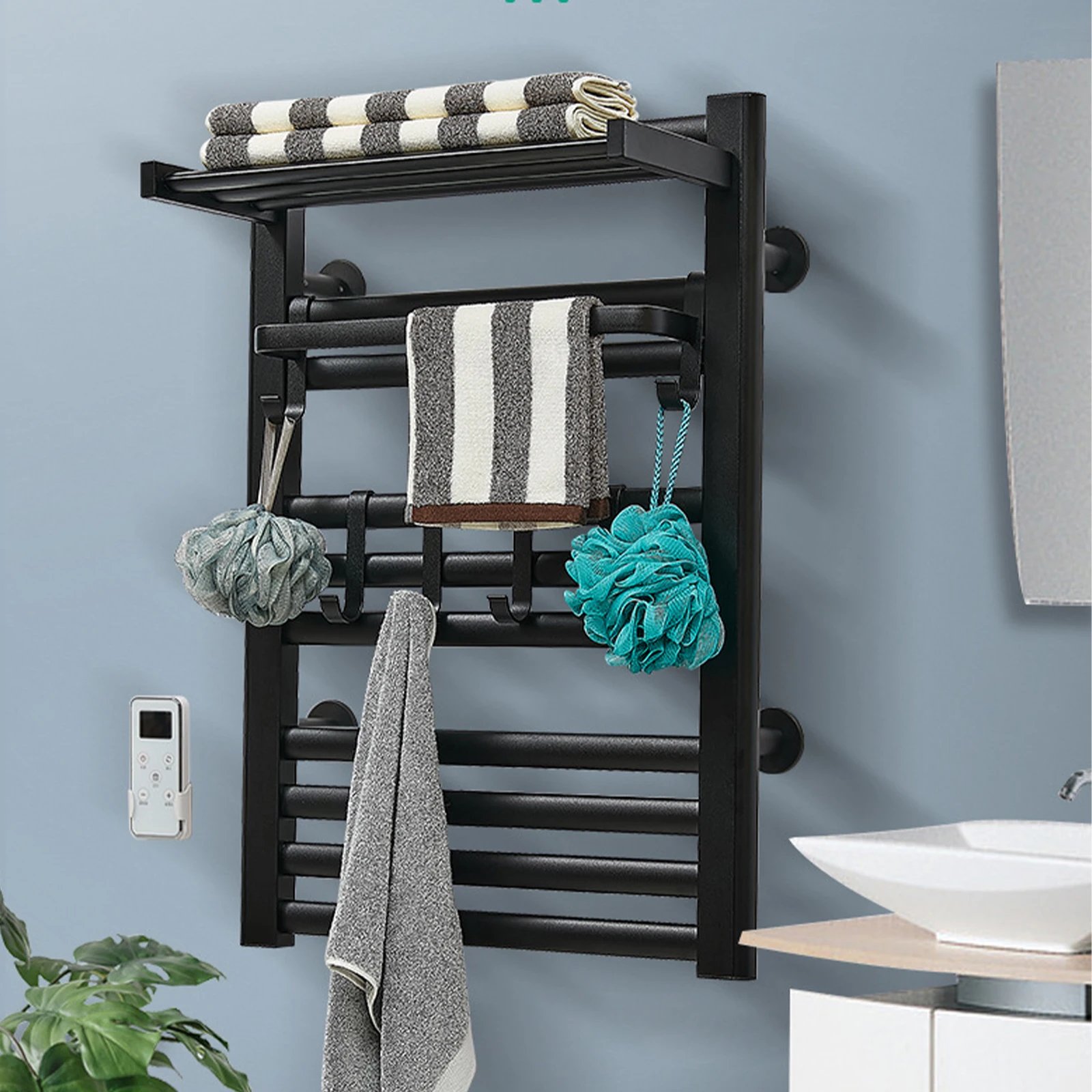 Towel Warmer Rack Bathroom Heated Towel Drying Racks Wall Mounted Stainless  Steel Black Bath Towel Heater with Remote Control