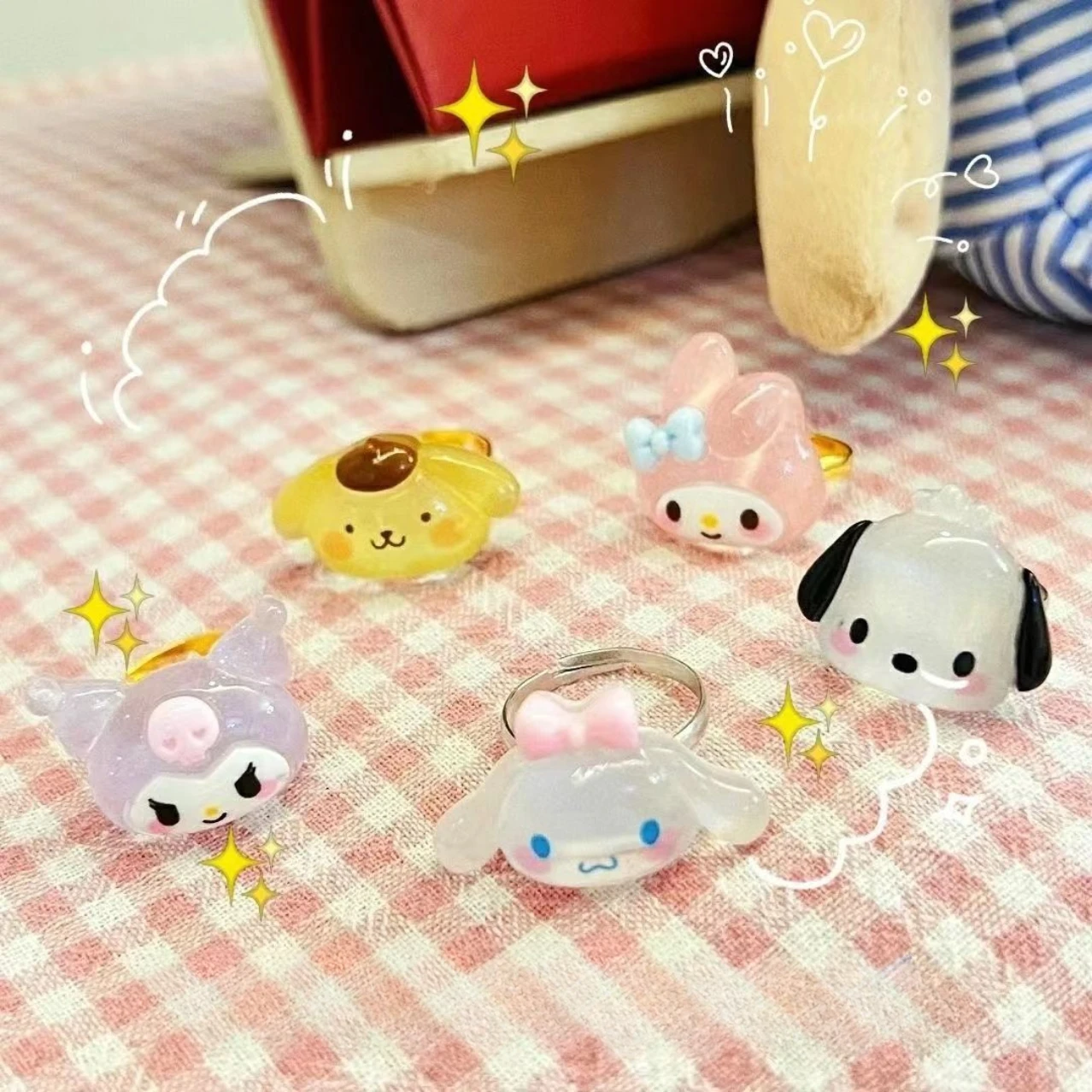 

Sanrio Cartoon Ring Kawaii Anime Figure Cinnamorolls Melodys Kuromis Rings Adjustable Girl Exquisite Accessories Heart Love Gift