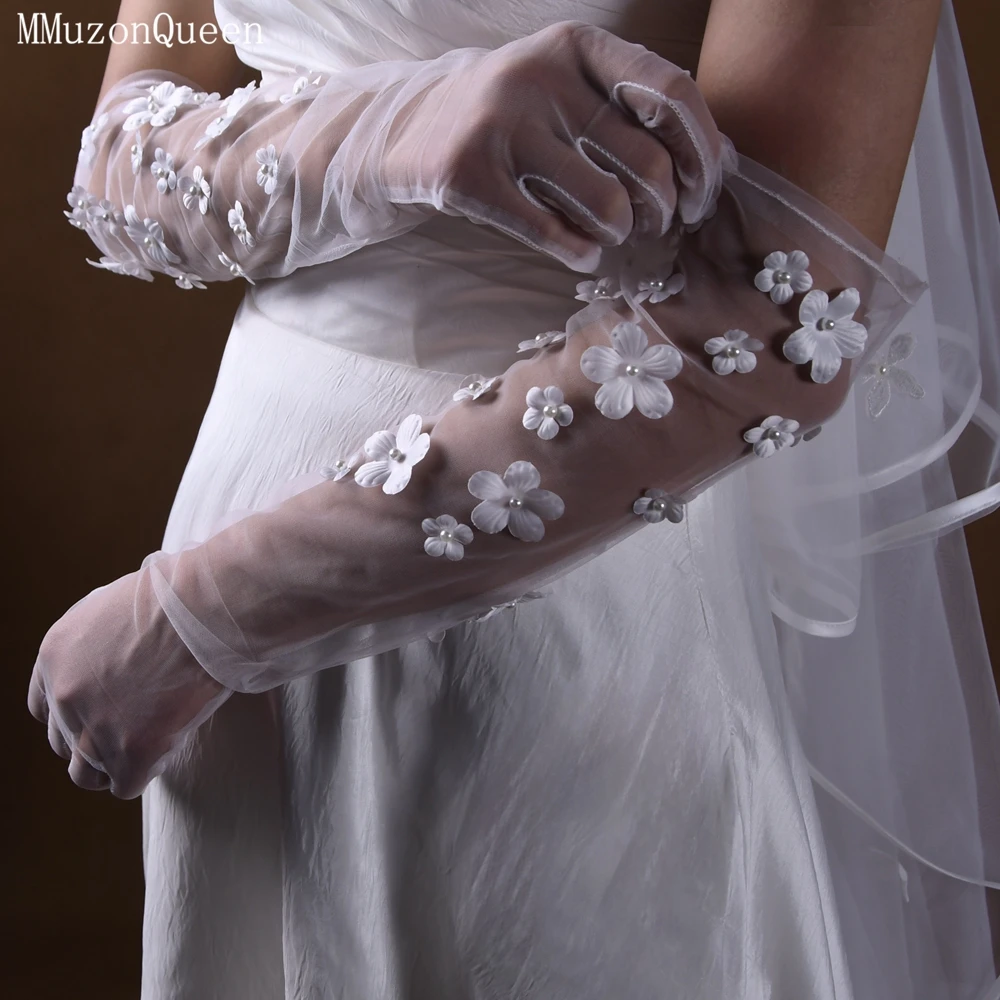 MMQ MM15 3D Flower Bridal Gloves With Applique Shiny Dress Gloves Long Fingerless Opera Gloves Tulle Gloves DIY Customizable