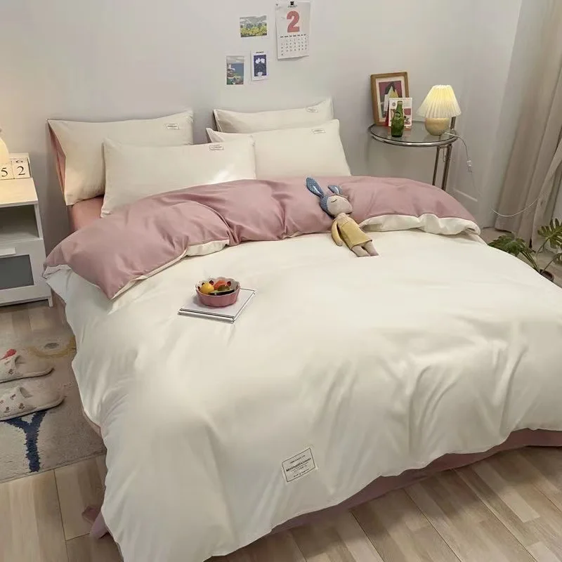 

King Size Simple washed cotton solid color four-piece sets bed linen quilt set bedding student dormitory single three-piece set