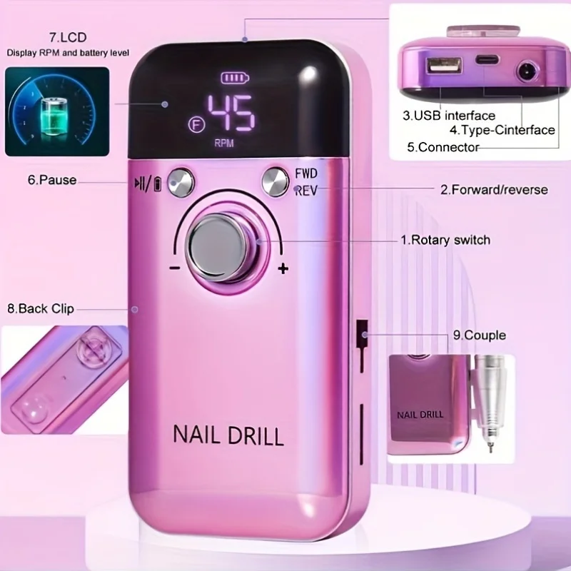 Electric Nail Drill 45000RPM Rechargeable Professional For Gel Nails Polish Portable File Manicure Tool For Electric Nail Drill Electric Nail Grinder