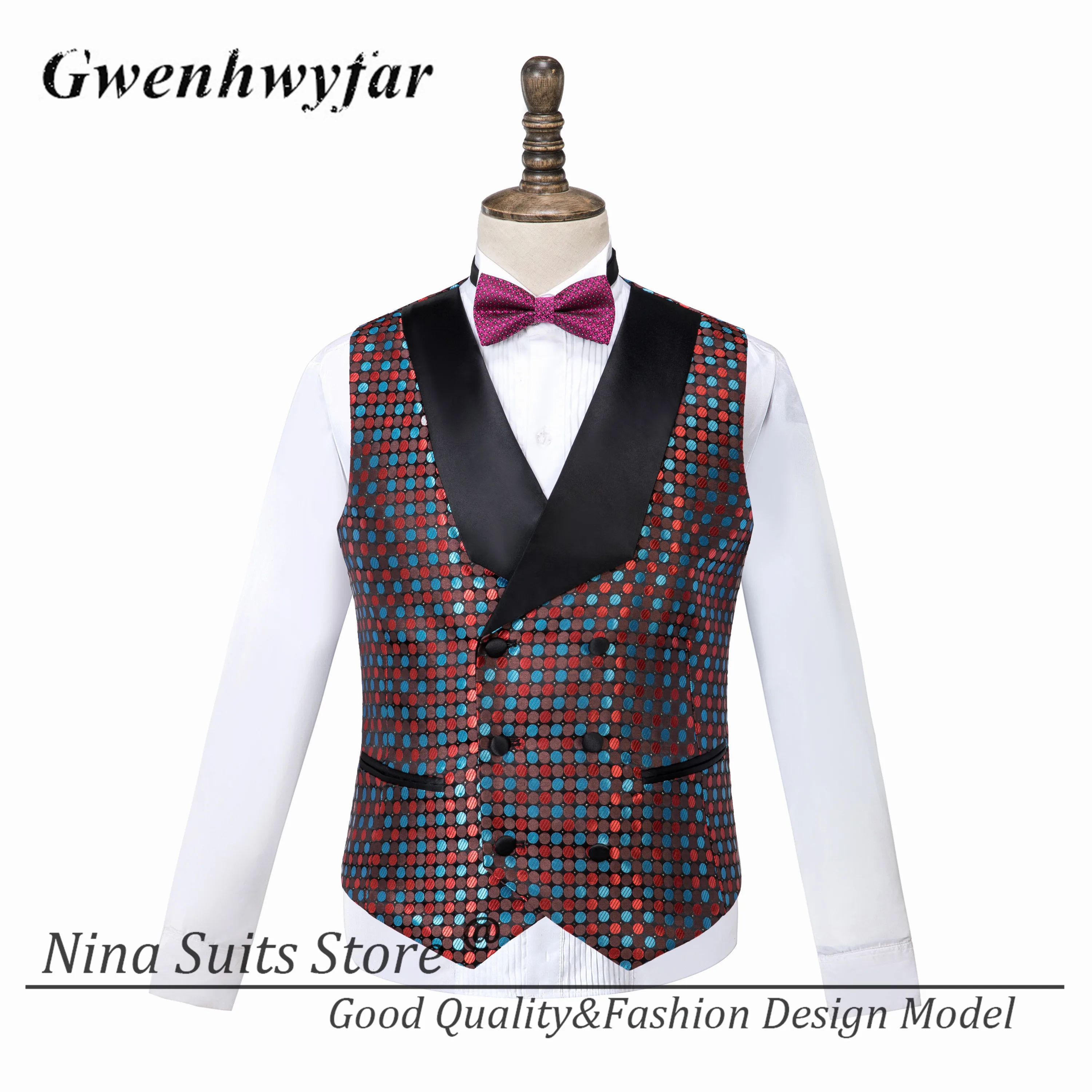 Gwenhwyfar Tailor-made Brown Red Blue Dots Pattern Costume Homme Black Shawl Lapel Men Suit Blazer Double Breasted Vest Pants