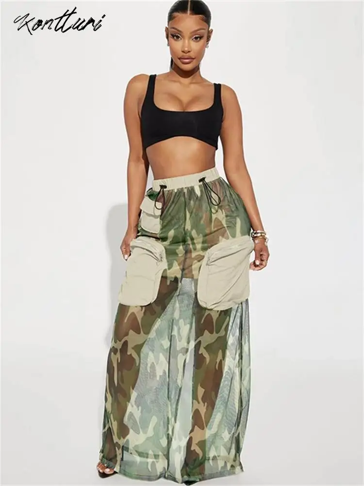 Kontturi Summer Streetwear Patchwork Mesh Camouflage Skirts For Woman 2023 Long High Waist Skirt Cargo See Through Skirts Female