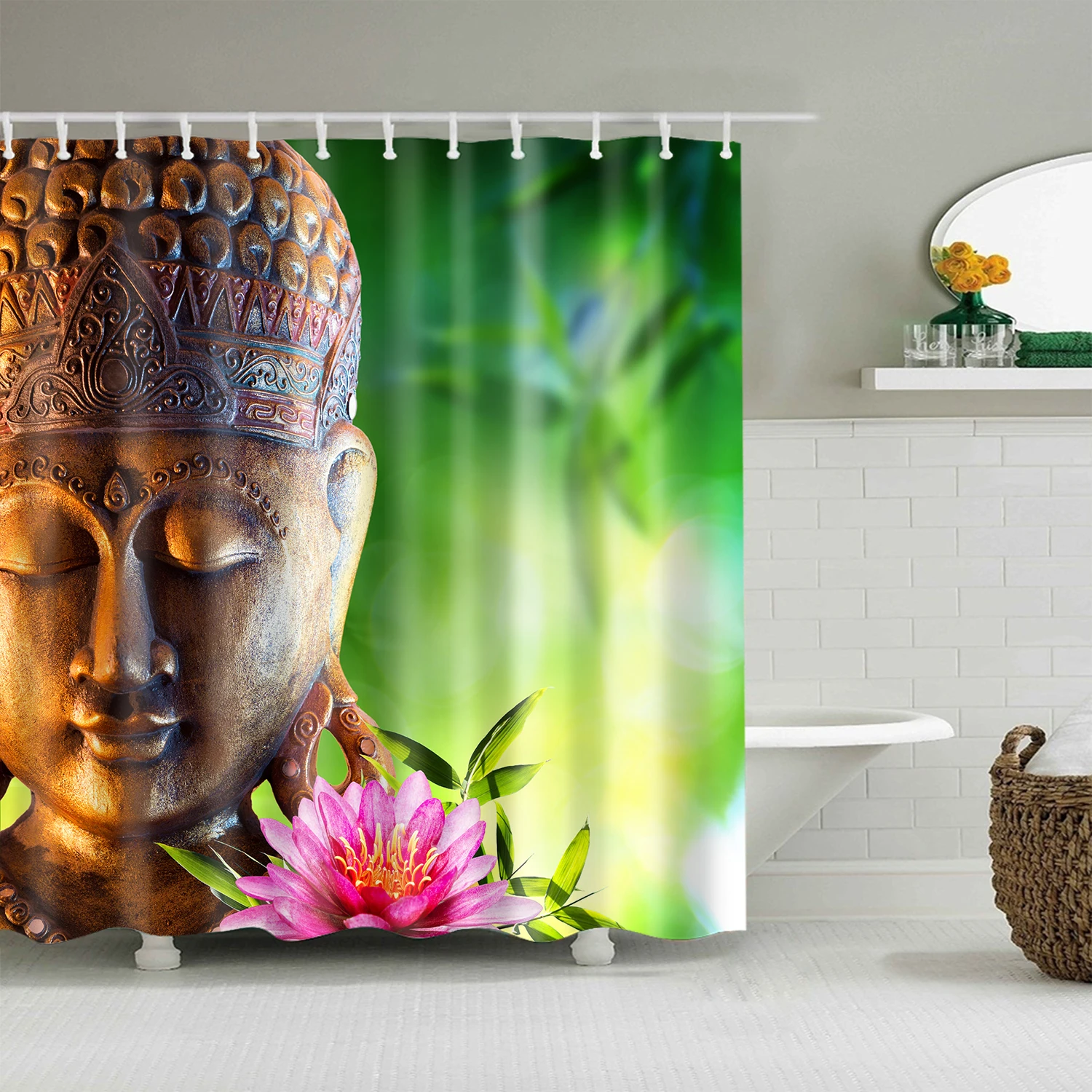Rural Landscape Creek Stone Lotus Buddha Shower Curtain Bathroom Curtain Frabic Waterproof Polyester Bath Bathtub Screen