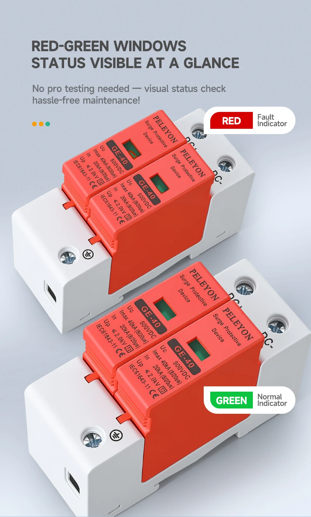 PELEYON 1 Stück DC 500/600V 10KA~20KA SPD DC 800/1000V 20KA~40KA Roter Überspannungsschutz für Häuser, Niederspannungs-Ableitergerät – Detail 4