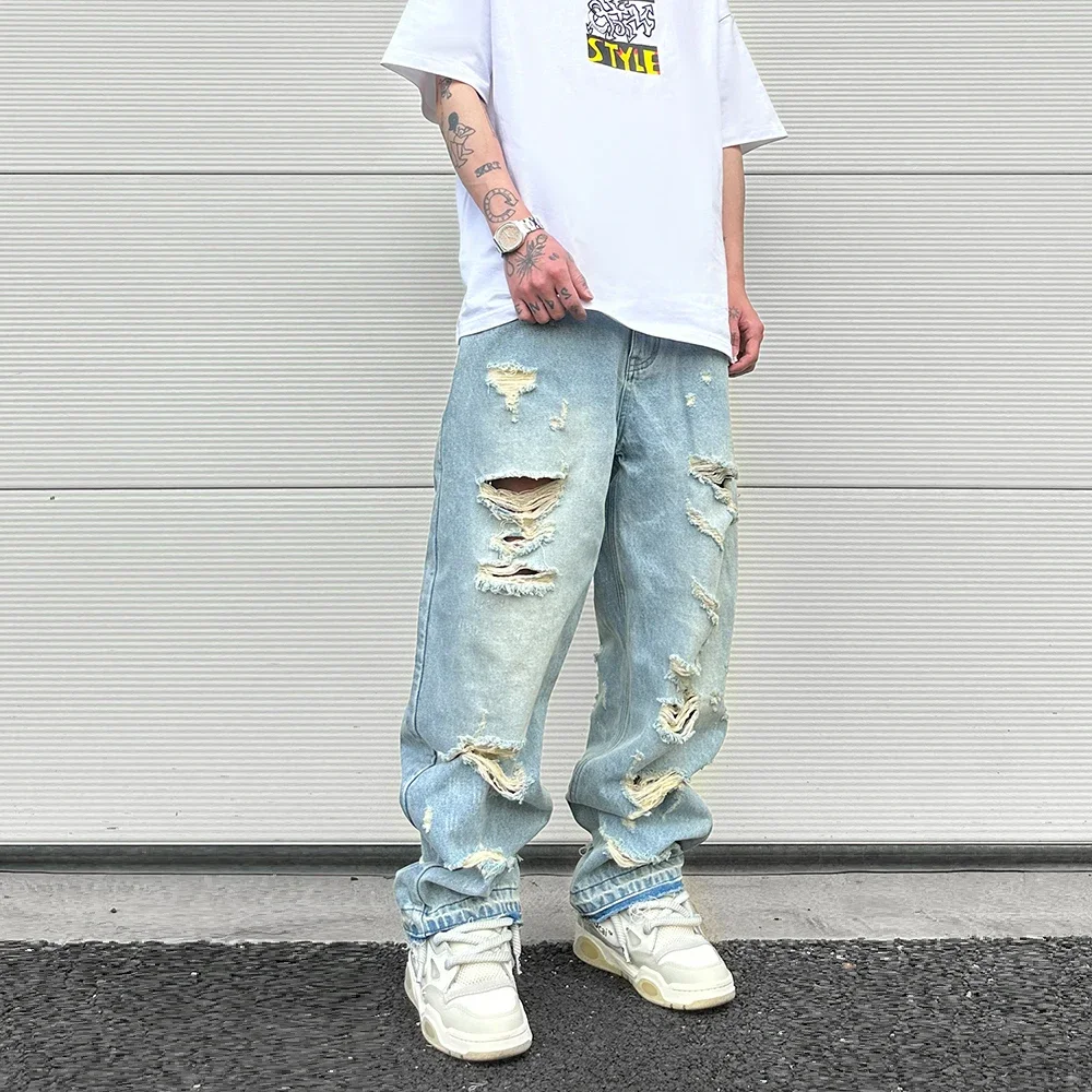 Washed Blue Oversized Jeans for Men Streetwear Hip Hop Large Destroyed Wide Leg Jeans Baggy Straight Ripped Denim Pants men jeans ripped jeans ripped patchwork jeans