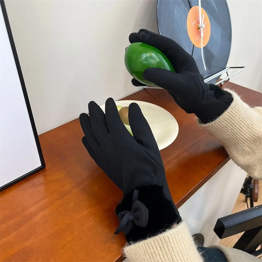

Windproof Thickened Warm Gloves Thin Velvet Touch Screen Full Finger Gloves Cold Protection Bowknot Gloves