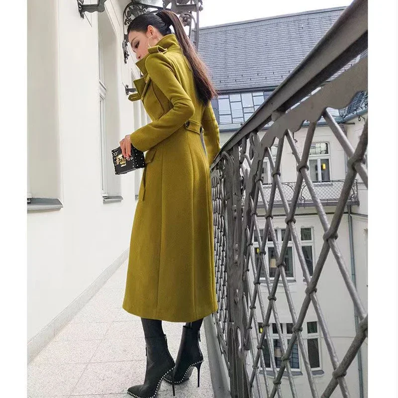 2023 Autumn And Winter New Women\'s Slim Mid-Length Coats  Army Green v-Neck Lady Coat Thickened Wool Women Jacket