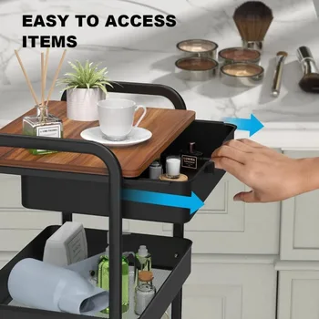 3 Tier Rolling Cart with Drawer, Metal Utility Cart on Wheels Storage Cart with Wood Top, Kitchen Cart Art Cart Organizer 2