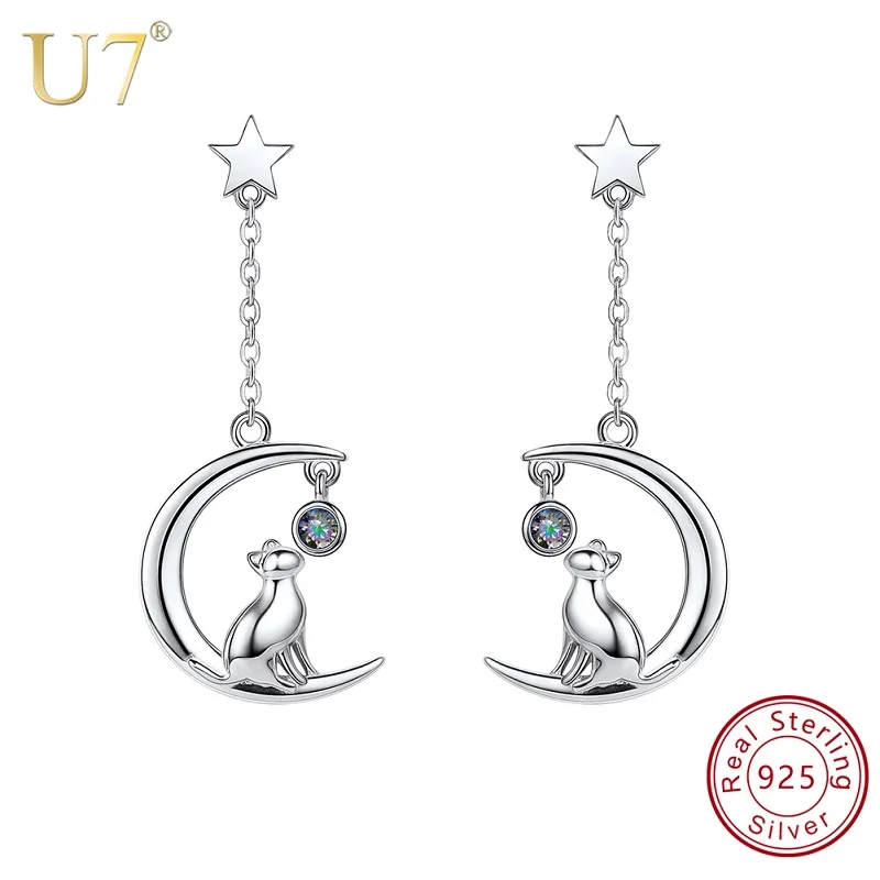 

U7 925 Sterling Silver Cat Moon Star Drop Earring for Woman Cute Animal Charm Chic Jewelry