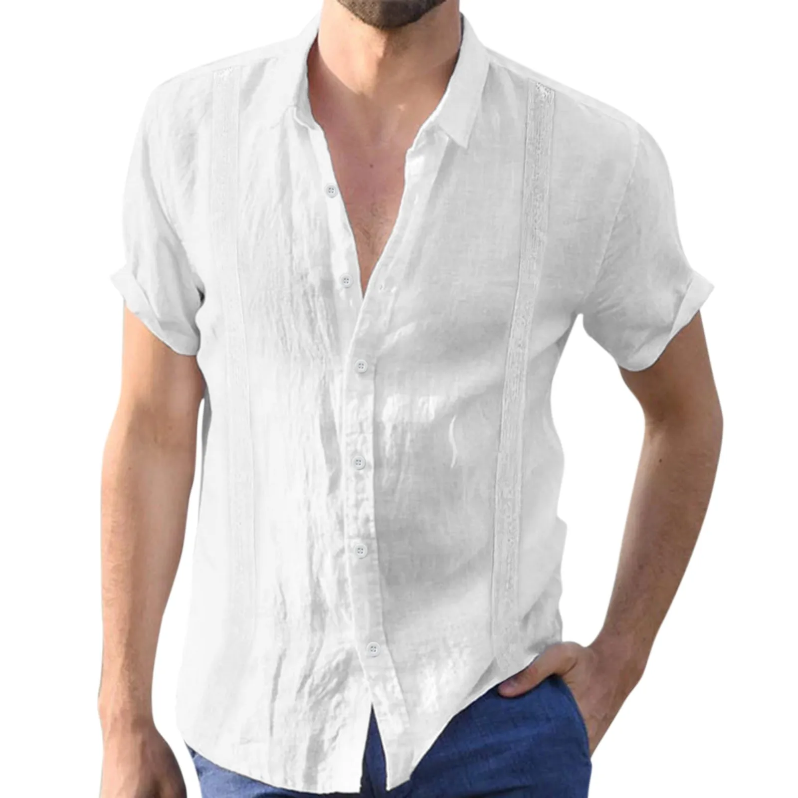 

Cotton Linen Shirts Summer Men Turn Down Collar Short Sleeve Button Loose Blouse Tops Men's Casual Shirts