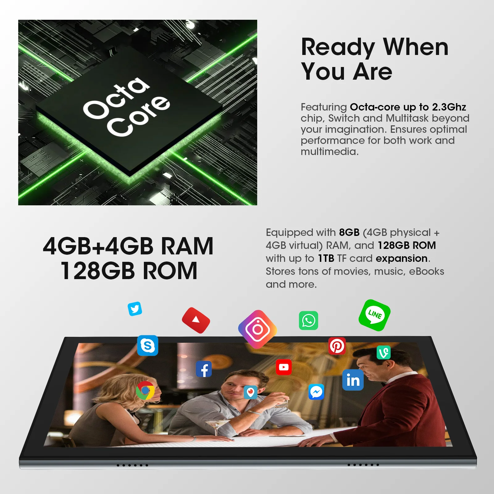 CWOWDEFU Android 14 Tablet with Dual SIM 4G Unlocked 8GB(4+4 ) RAM 128GB ROM Octa Core 2.3Ghz 10.1" 5+8MP Cam 6000mAh WiFi-6 GPS 3
