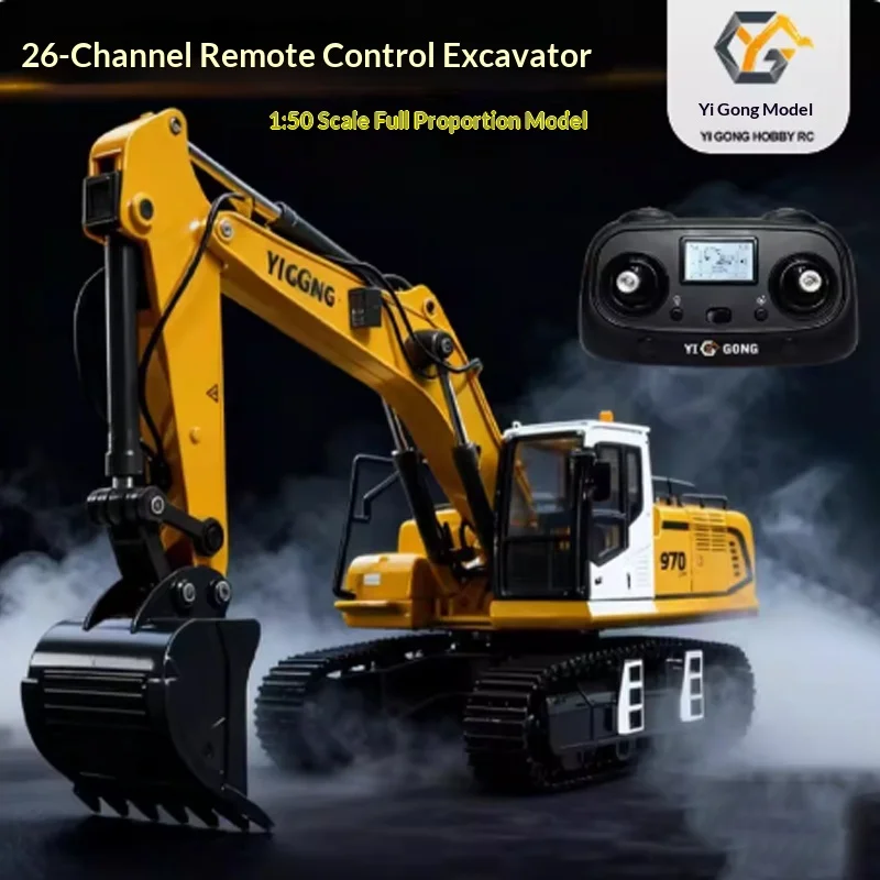 970 RC 굴삭기 1/50 엔지니어링 차량 원격 제어 전동 리프팅 굴착기 금속 버킷 트랙 조명 사운드 RTR 배터리