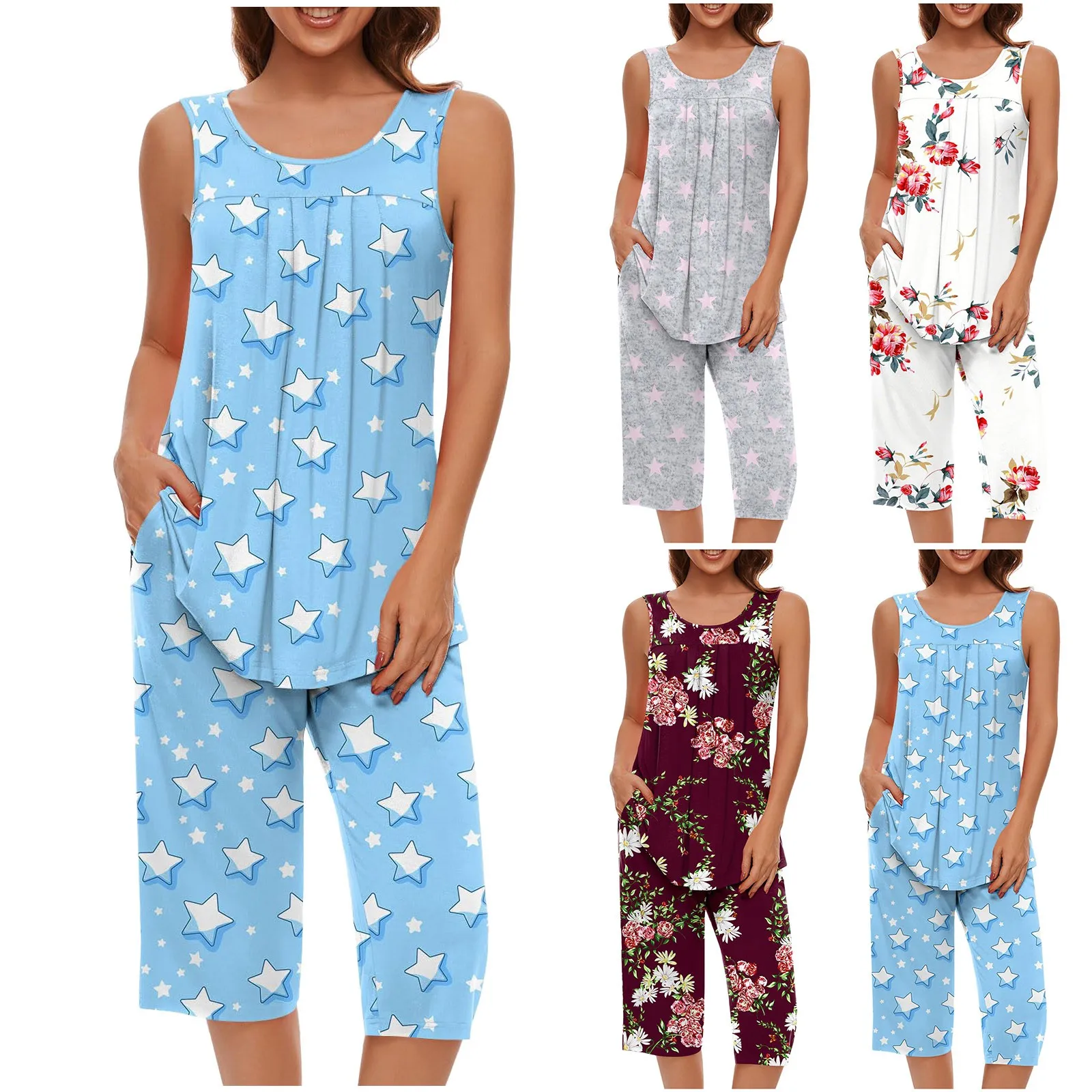 

Модный комплект из 2 предметов, ночное белье, Женский пижамный комплект с коротким рукавом и принтом звезд, топ для ночного отдыха, шорты, одежда для сна, пижама Mujer Verano