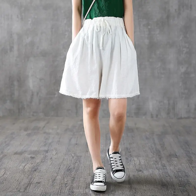 Retro 2024 Summer Women's New Spliced Elasticized High-waisted Drawstring Pocket Fashion Loose All-match Casual Wide Leg Shorts