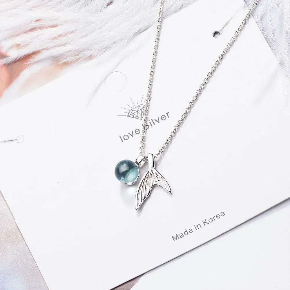 Lihong S925 Sterling Silver Women's Sapphire Bead Mermaid Tail Pendant Necklace (40cm+3.5cm) Luxury Jewelry pendant necklace