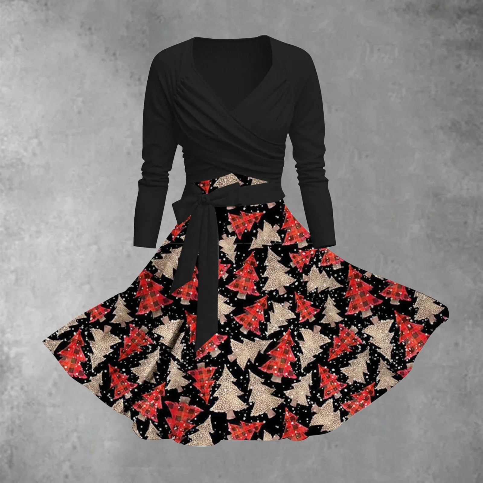 

Classic Christmas Women's Dress Long Sleeve V Neck Dress With Belt Swing Cocktail Party Outfit female Cocktail Vestidos 2023