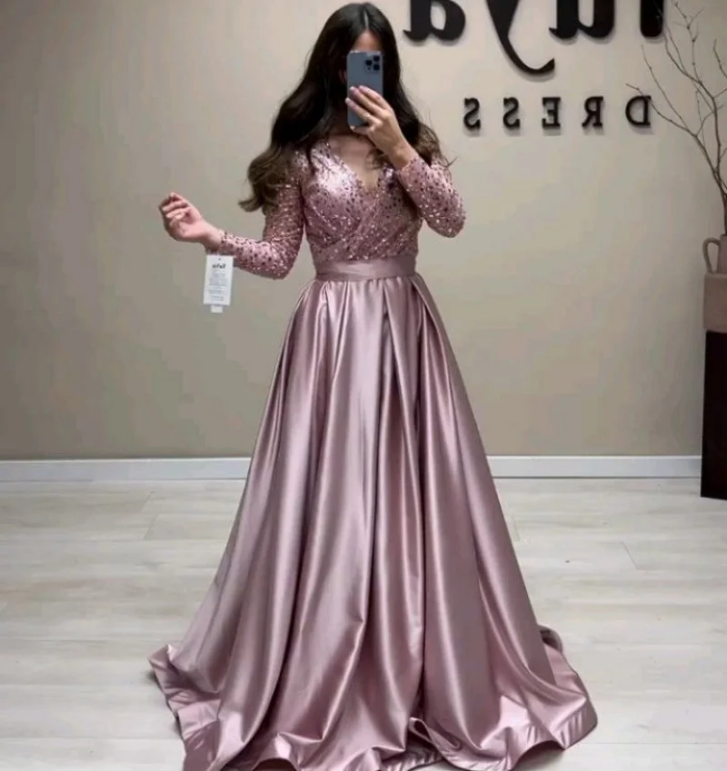 

A-Line V-Neck Robe De Soirée Long Evening Gown Custom Made Formal Party Dress Glitter Satin Long Sleeves Ruched Prom Dresses