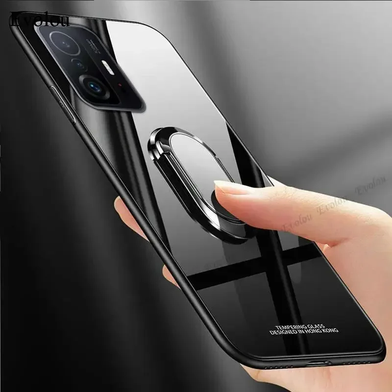 Magnet Ring Stand Phone Case with Mirror Tempered Glass Back Cover