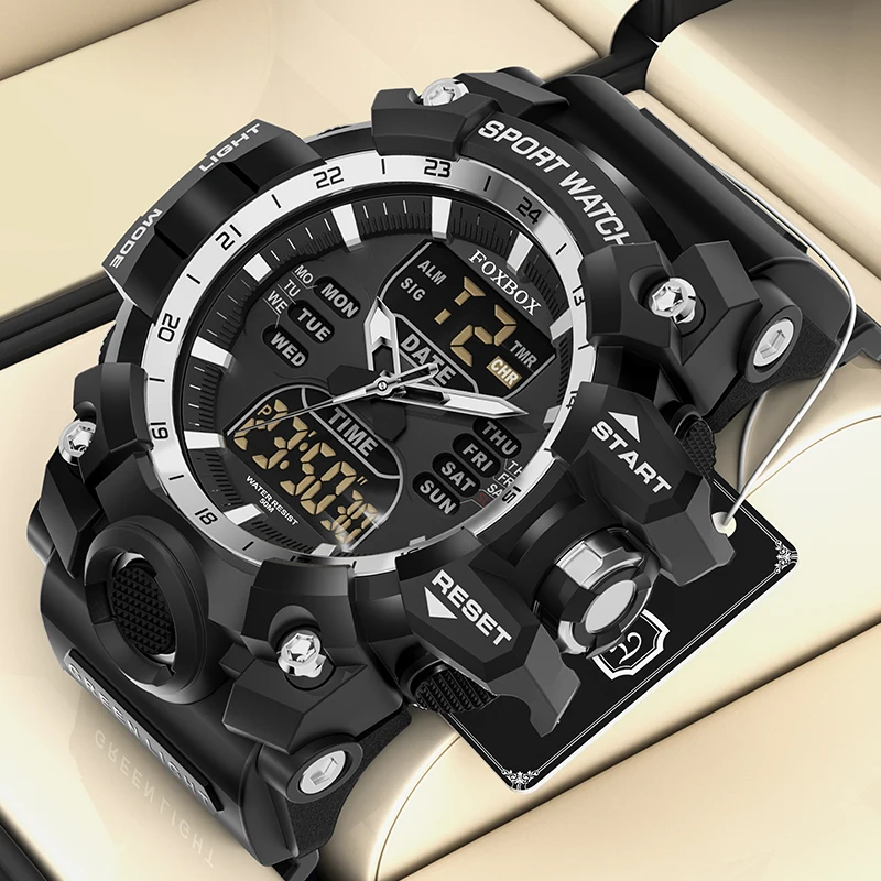 FOXBOX Military Watch For Men Casual Sport Chronograph Alarm WristWatch ​Waterproof Quartz Big Clock Dual Display Male Watches