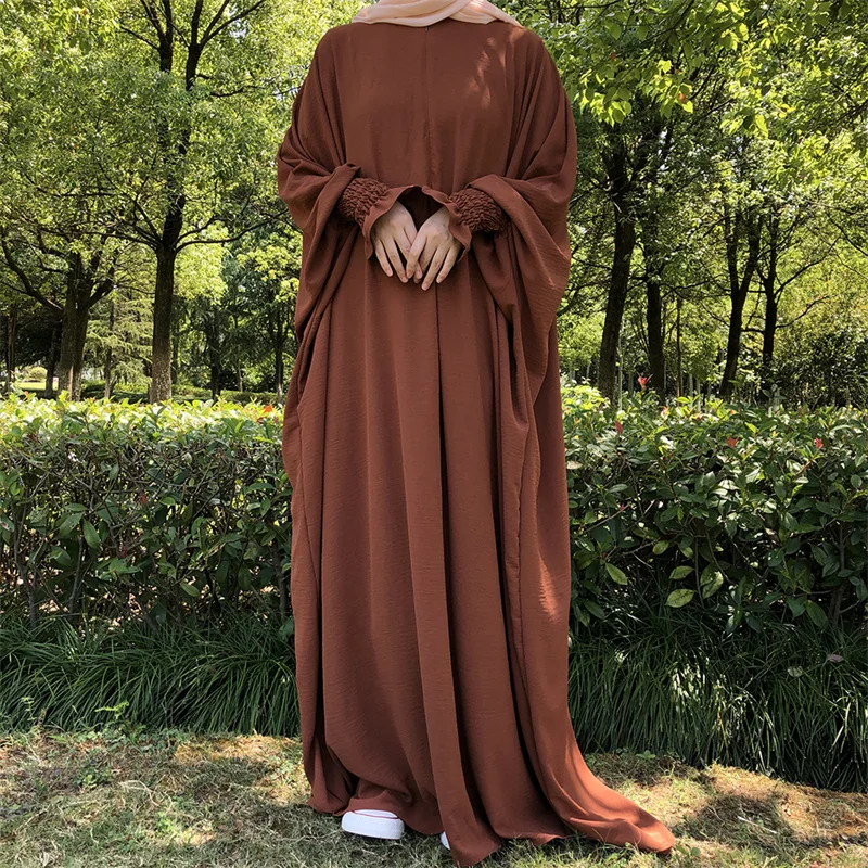 Ironless Islamic Clothing One Piece Full Length Elastic Wrists Frill Cuff Modest Prayer Maxi Dress Butterfly Jazz Crepe Abaya