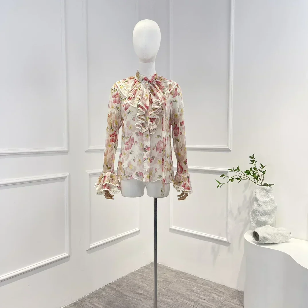 

Женская блузка из натуральной ткани, розовая блузка с длинным рукавом, пуговицами и цветочным принтом, весна-лето 2023
