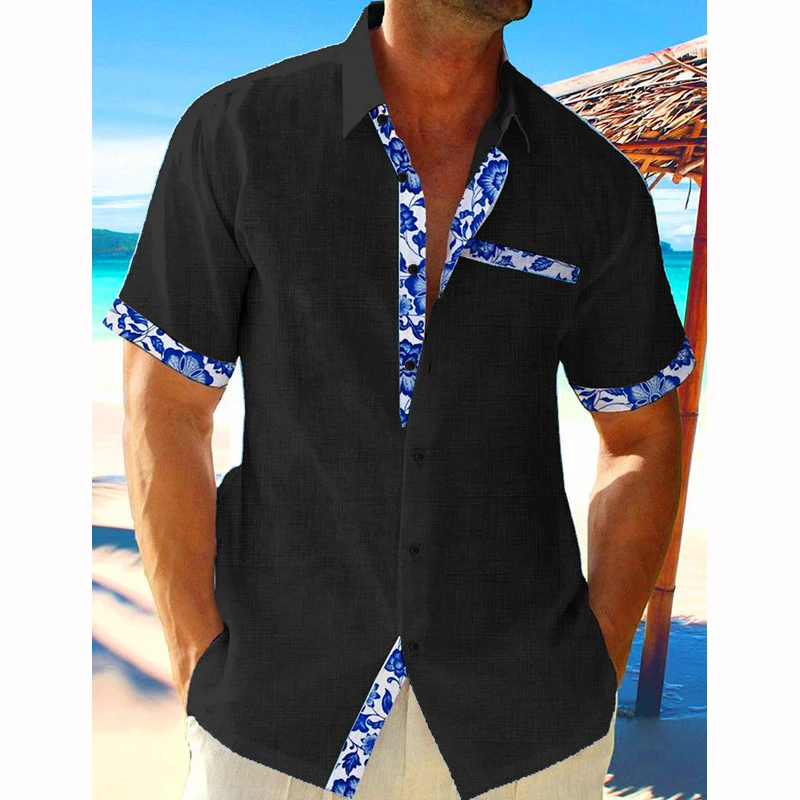 

2023 Hawaii Beach Resort Shirt Short Sleeve Cardigan Shirt Men's Cuff Front Contrast Polo Neck Shirt