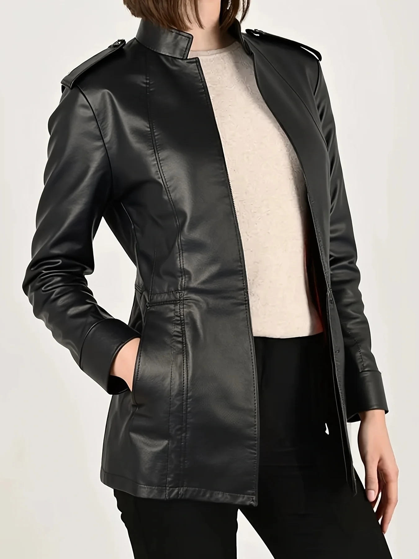 Women PU Leather Coats Solid Short Jackets Long Sleeves Stand Collar Zipper Thin Skinny Slim Fit Office Lady Casual 2025 Autumn